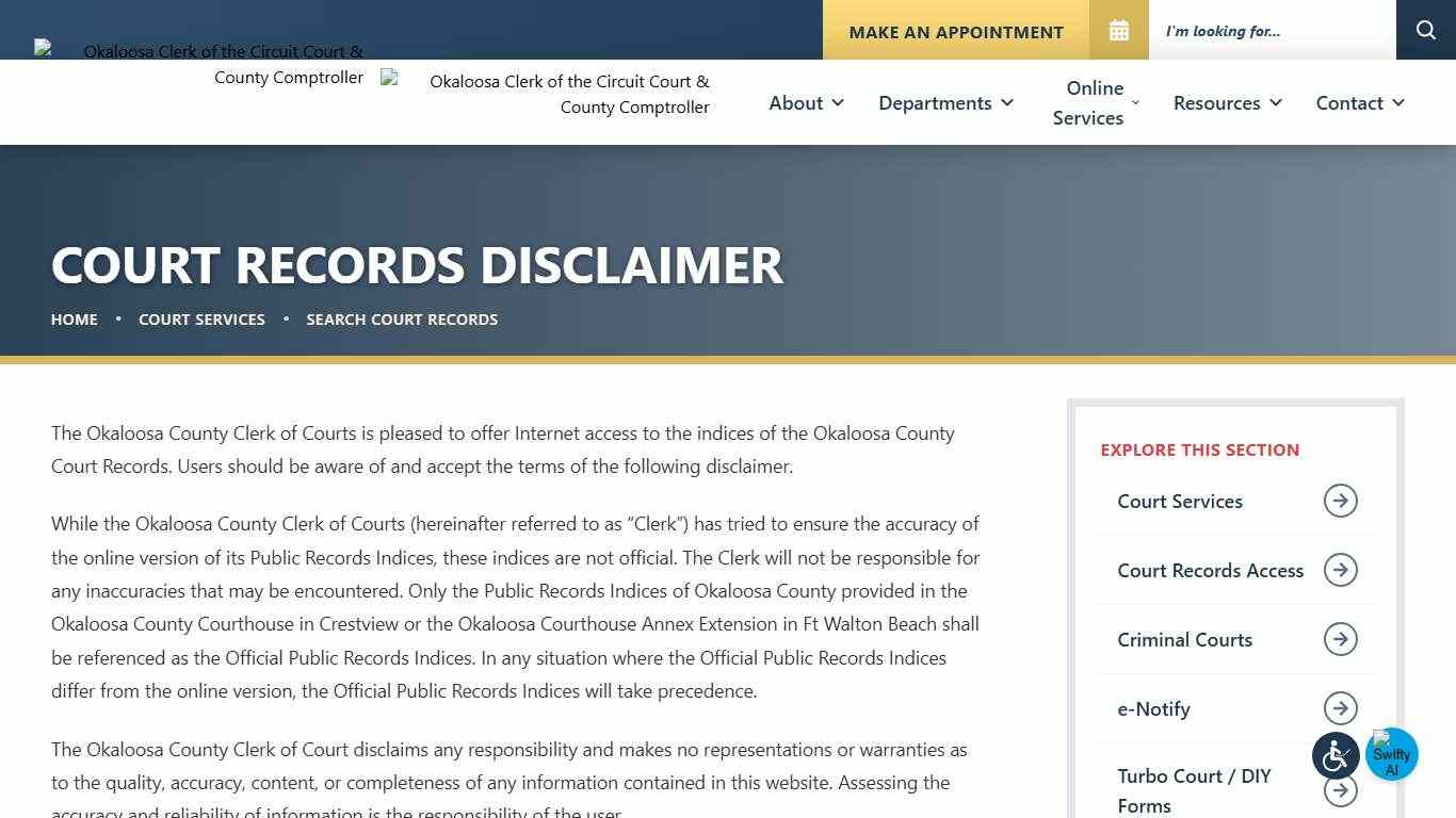 Court Records Search Disclaimer | Okaloosa County Clerk of Court and Comptroller
